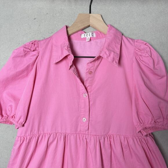 TCEC Pink Puff Sleeve Collared Mini A-line Button Up Dress 100% Cotton Size S - Picture 3 of 12